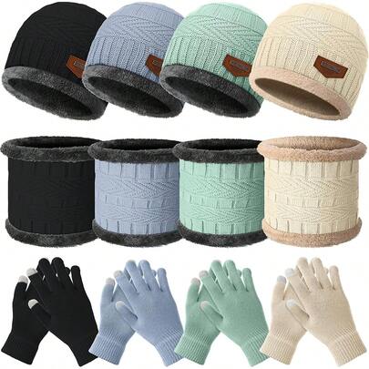 Knit Beanie Hat Scarf Gloves Set With Fleece Lining For Cold Weather