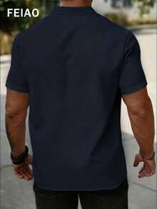 FEIAO 男士复古硬币领纽扣藏蓝色华夫格纹短袖 Polo 衫 - 藏蓝色 - 查看 2