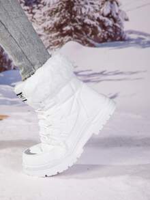 2025冬季新款女士系带中筒靴，保暖雪地靴，中筒冬鞋，户外休闲运动靴，防滑耐磨，百搭休闲鞋，适合冬季旅行，防寒保暖女鞋 - 白色 - 查看 5
