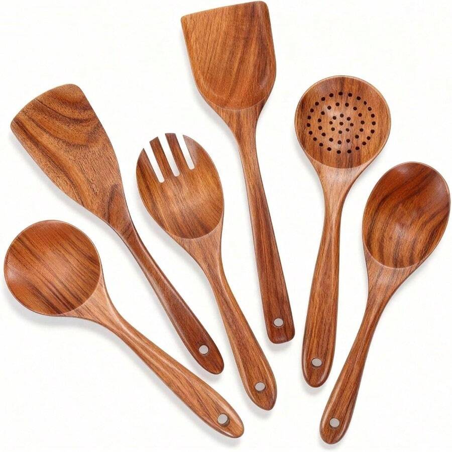 Natural Teak Wood Cooking Utensils Set - 4pcs Wooden Spoons Cooking With Ladle, Spatula, And Slotted Spoon, Premium Kitchen Tools Chefs - 6Pcs Set - View 1