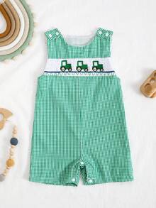 Quần yếm kẻ caro xanh lá cây cho bé trai và bé gái, áo liền quần không tay thêu hình máy kéo hoạt hình. - màu xanh lá - Xem 1