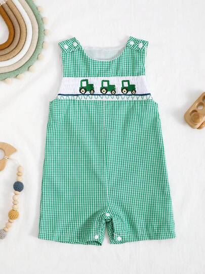 Quần yếm kẻ caro xanh lá cây cho bé trai và bé gái, áo liền quần không tay thêu hình máy kéo hoạt hình.