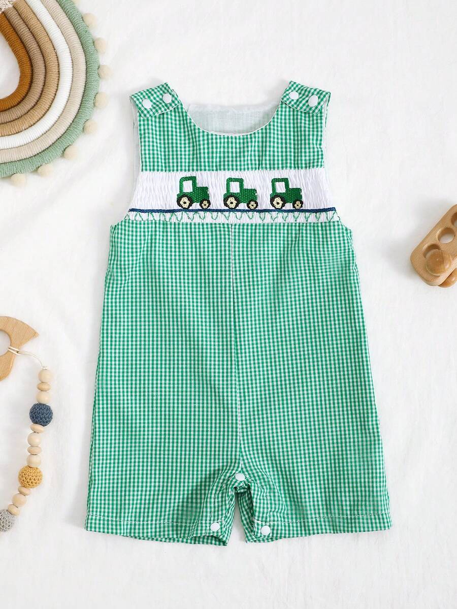 Quần yếm kẻ caro xanh lá cây cho bé trai và bé gái, áo liền quần không tay thêu hình máy kéo hoạt hình. - màu xanh lá - Xem 1