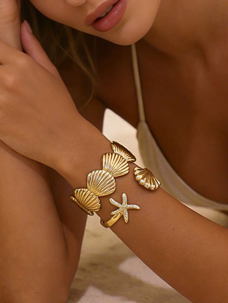 2pcs/Set Bohemian Style Metal Starfish & Shell Bracelet Set, Women Beach Jewelry - Yellow Gold - View 1