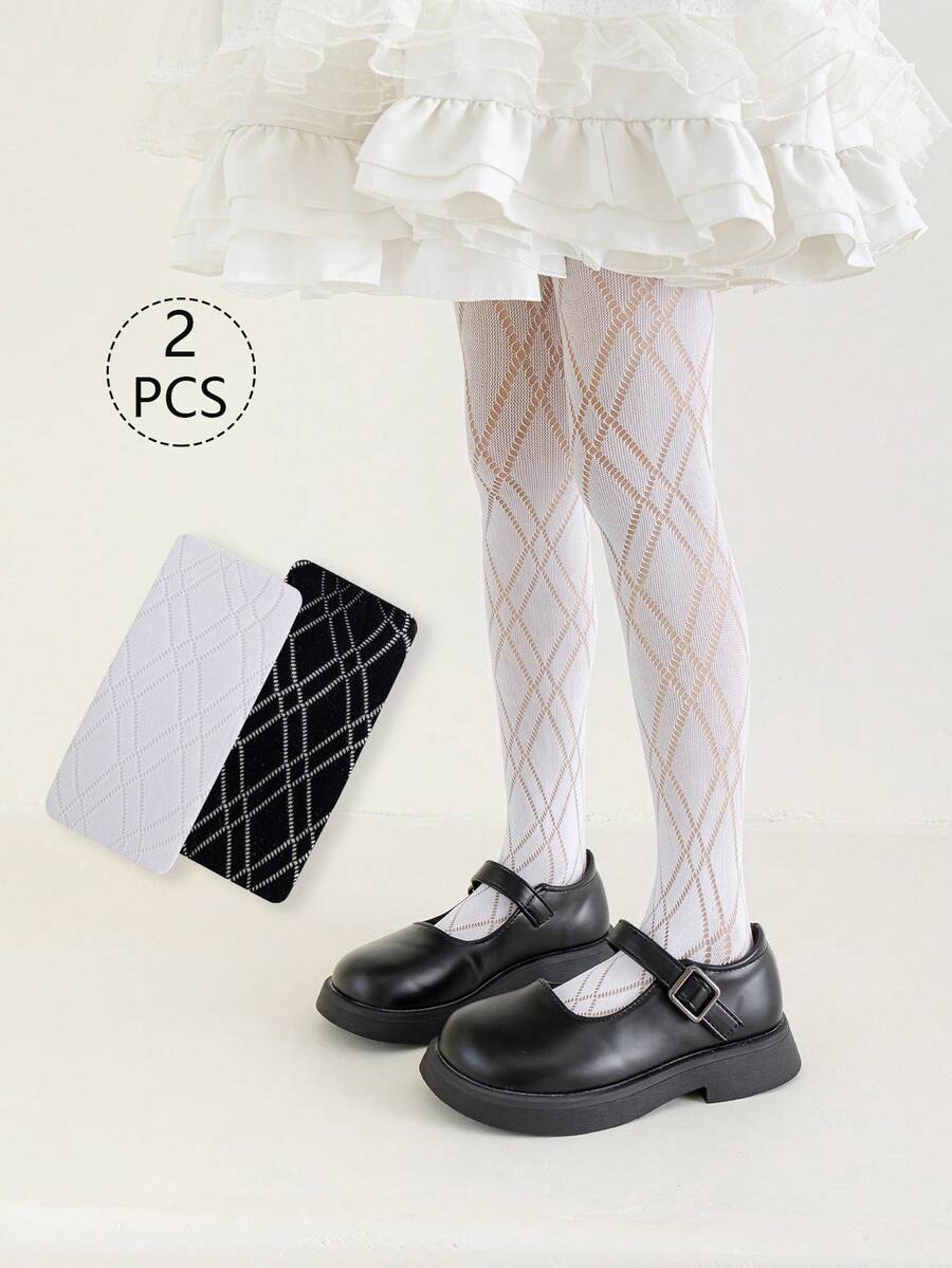2 Pairs Girls/Baby Thin Mesh Striped Jacquard Footless Tights, Plaid, Diamond, Mesh, Heart Fishnet Socks, Versatile For Daily Wear, Party, Cute, Dancewear, Back To School, Student, New Semester, All Season, Spring/Summer - Multicolor - View 1