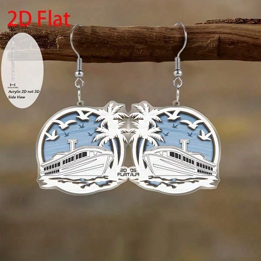 2D flat Boat Seabird Coconut Tree Christmas Happy Pendant Earrings, fashionable jewelry, Party gifts, perfect holiday presents for family and friends - Multicolor - Ver 1