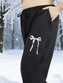 Plus Size Women's Trousers With Wide Legs And Adjustable Drawstring Trousers With Pockets Casual And Light Bow Print Wide Leg Pants Explosion In Autumn And Winter. - Black - View 5