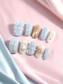 10片/套 DIY手工假指甲，天蓝色玻璃珠猫眼效果，搭配手绘立体花朵，令手部肌肤更显白皙，优雅简约又可爱。适合日常生活、商务场合及派对等场合。美甲用品 - 彩色 - 查看 5