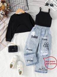Set de 3 piezas para niñas pequeñas: Suéter ligero de manga larga informal, top sin mangas y pantalones con efecto de mezclilla, para primavera/otoño
