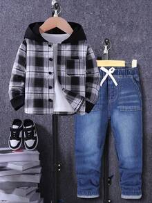 两件套男童黑色连帽格子衬衫搭配酷炫街头风侧袋牛仔裤套装