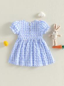 Toddler Baby Girl Dress Puff Short Sleeve Crew Neck Cross Letters Embroidery A Line Plaid Print Christian Dress - Xanh và trắng - Xem 2