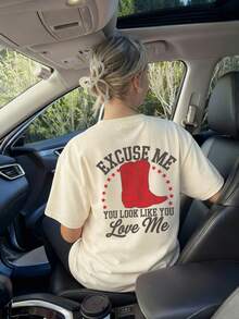 女士夏季街头红色靴子图案个性化印花圆领T恤，西部风格上衣 - 杏色 - 查看 7