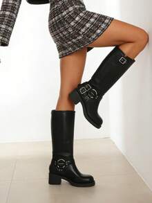 Botas altas hasta la rodilla con hebillas metálicas vintage para mujer, de puntera redonda, pantorrilla ancha, estilo motero de tacón ancho, de moda, con cierre de cordones Y2K - Negro A - Ver 5