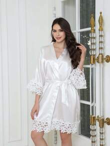 New Lace Foil Printed Robe, Bridesmaid Party Makeup Robe, Bridal Robe, French Style Robe - Multicolor - View 8