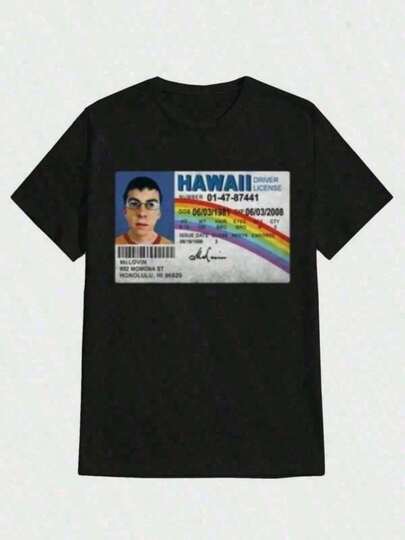 Camiseta de algodón pesado de manga corta con estampado de licencia de conducir de Mclovin Movie, cómoda para hombres