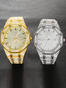 2pcs Hiphop Style Bracelet Set With Shiny Quartz Watch, Fashionable Accessories For Daily Wear, Unisex - Silver - View 3
