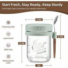 Paquete de 6 recipientes de avena durante la noche con tapas y cucharas tarros de avena de vidrio de 16 onzas tarros herméticos de gran capacidad para leche cereales frutas verde - Verde - Ver 2
