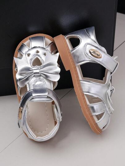 1 Pair Girls Bow Decor PU Hook And Loop Design Flat Cute Sandals, Soft Sole Anti-Slip Baby Beach Shoes, Suitable For Summer