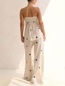 Two Piece Set Women Polka Dot Print Slim Fit Side Slit Strapless Tank Top+Loose Wide Leg Pants Set,Suitable For Casual Everyday Street Wear,Going Out Outfits,Spring Summer Clothes - 飯白色 - 查看 7