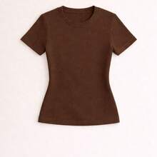 Baby Look Feminina Camiseta Básica Lisa T-shirt Confortável 100% Algodão Premium - Marrom - Visão 3