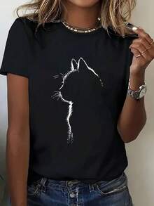 大码印花猫咪剪影T恤，休闲舒适，适合日常穿着 | 夏季 - 黑色 - 查看 7