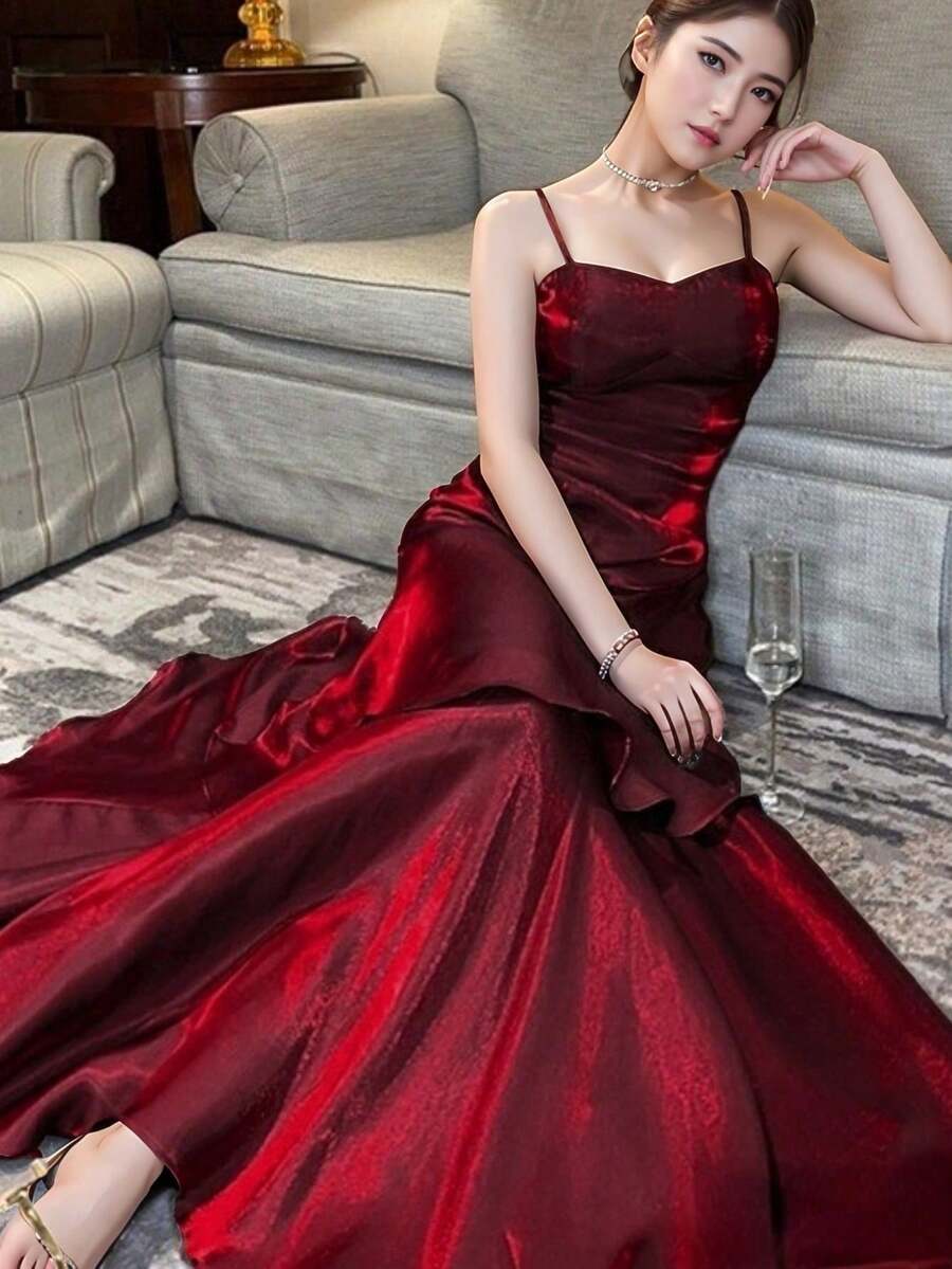 Đầm dạ hội/dự tiệc màu đỏ tía thanh lịch cho ngày Valentine, kiểu dáng cổ điển, thích hợp cho tiệc cưới hoặc dạ hội. - Màu Đỏ Sâu - Xem 1