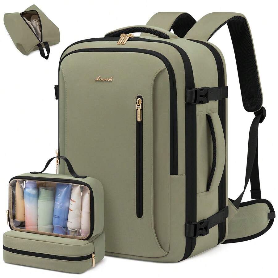 LOVEVOOK Travel Backpack For Women & Men With Waist Strap,40L 50L Carry On Backpack Luggage Travel Essentials Flight Approved, Personal Ltem Travel Bag Weekender Daypack With 3 Packing Cubes - 豆綠色 - 查看 1