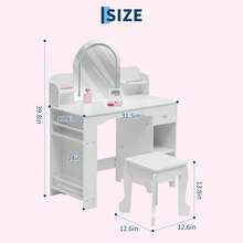 Tocador infantil estilo princesa con espejo iluminado y taburete. Mesa de maquillaje de madera para niñas con estantería, cajón y estantes abiertos. Ideal para dormitorio o sala de juegos. - Blanco - Ver 3