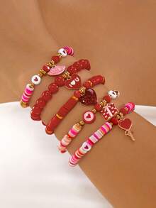 5件套时尚可爱粉色和红色爱心吊坠聚合物粘土串珠手链套装，适合女性日常和派对佩戴，是理想的情人节礼物和配饰