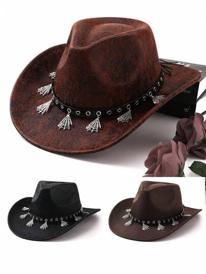 1pc Bohemian Style PU Leather Rivet Western Cowboy Hat, Versatile Fashion Accessory For Daily Wear, Unisex
