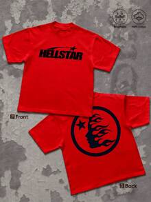 Vintage Streetwear 220g T Shirt 1pcs Retro Graphic 100% Cotton Y2K Swag Men Clothes, Double Sided Star And Flame Graphic TShirt, Cosmic Style Digital Printed T Shirt Gifts For Men - Red - View 5