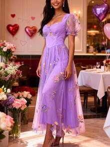 Women Romantic Valentine Lavender Sweetheart Neck Embroidered Tulle A Line Dress Floral Puffy Sleeves Dresses Wedding Guest Formal Occasions - Lilac Purple - View 5