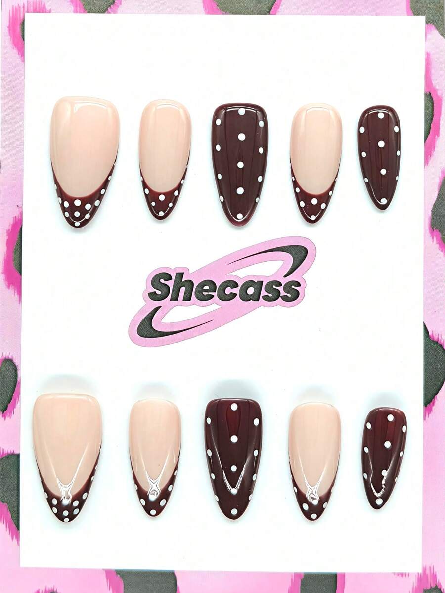 10 piezas de uñas postizas de almendra largas de color rojo con lunares estilo francés, hechas a mano. Incluye 3 piezas de herramientas para uñas, pegamento para uñas y accesorios. Adecuado para mujeres y niñas para fiestas, viajes, escuela y uso diario, uñas de verano, viajes, vacaciones, suministros de uñas para festivales de música. - Multicolor - Ver 1