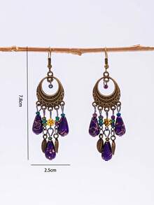 1 Pair Vintage Geometric Purple Teardrop Bead Tassel Earrings - Multicolor - View 4