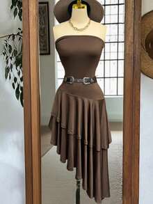 Women's Casual Ruffled Hem Asymmetric Hem Sleeveless Bodycon Dress, Elegant & Versatile, Spring/Summer - Brown - View 3