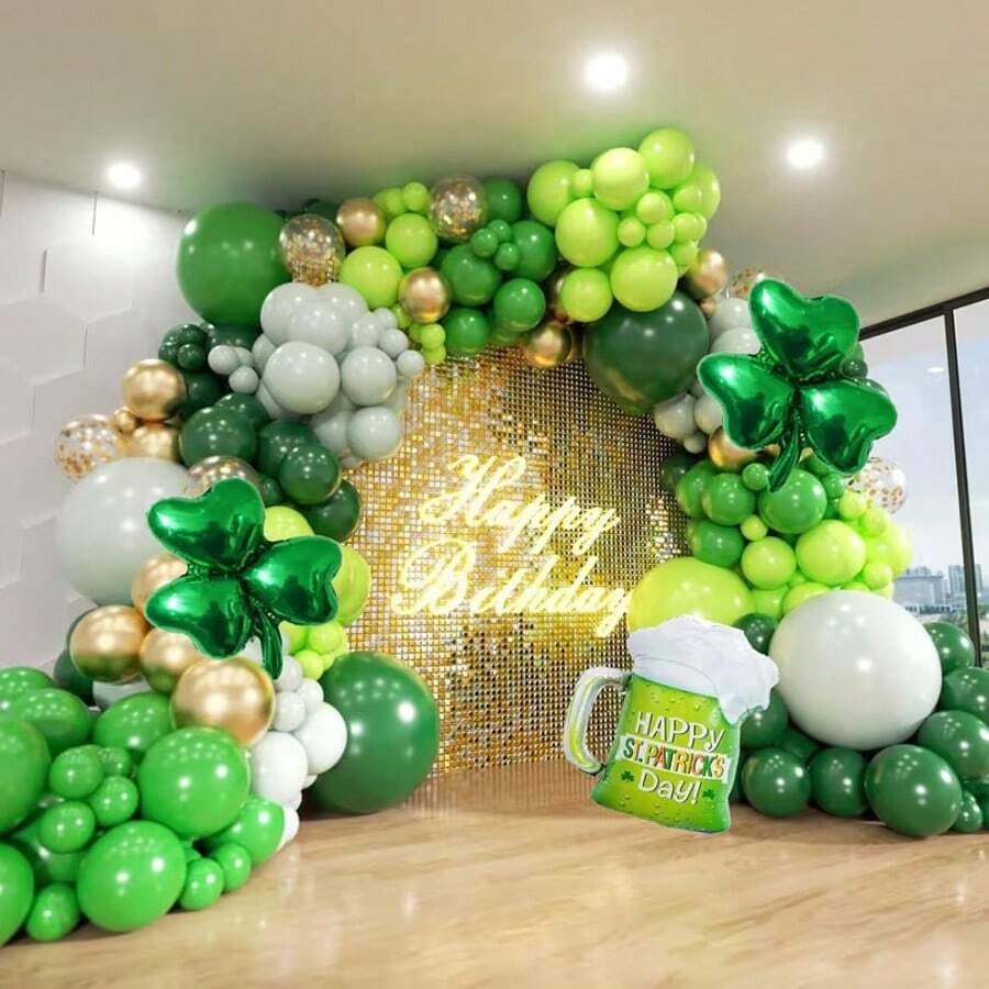146pcs St. Patrick's Day Balloon Arch Kit - Mixed Color Latex And Foil Oval Balloons With Clover Pattern - Indoor Outdoor Party Decor - Multicolor - View 1
