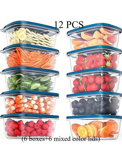 Bộ 12 hộp đựng thực phẩm bằng nhựa trong suốt có nắp màu xanh dương - Có thể xếp chồng lên nhau, kín khí, tái sử dụng, phù hợp để sắp xếp nhà bếp - Dùng cho ngũ cốc, thịt, trái cây, rau củ - An toàn với máy rửa chén và lò vi sóng, thiết kế tiết kiệm không gian, tuyệt vời cho người chuẩn bị bữa ăn trước và các gia đình bận rộn.