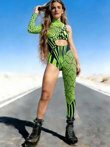 女士性感派对连体裤 - 紧身、不对称、性能、节日、印花、长袖、万圣节服装