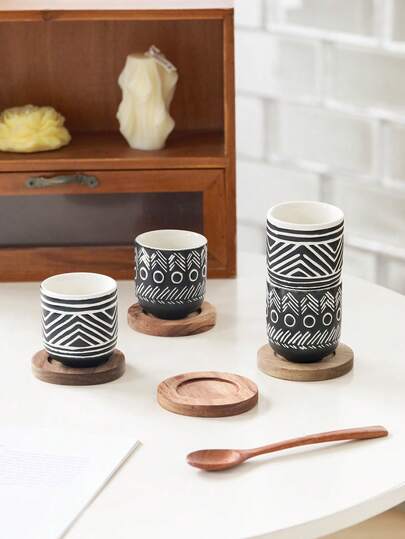4pcs Black & White Geometric Pattern Ceramic Mini Coffee Cups Set, Small Capacity Espresso Cups, Cappuccino Cups, Tea Cups, Beverage Cups With Wooden Coasters, Ideal For Home, Office, Parties, Gifts