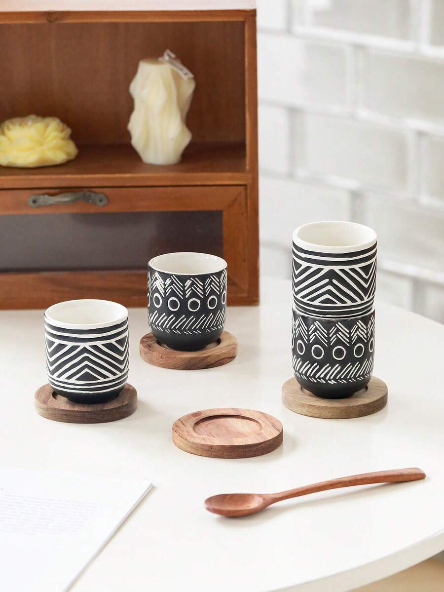 4pcs Black & White Geometric Pattern Ceramic Mini Coffee Cups Set, Small Capacity Espresso Cups, Cappuccino Cups, Tea Cups, Beverage Cups With Wooden Coasters, Ideal For Home, Office, Parties, Gifts - Black - View 1