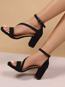 2022新款女士黑色粗跟凉鞋，中跟，露趾，搭扣带，休闲罗马风高跟鞋 - 黑色 - 查看 5