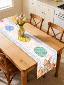 1pc Easter Table Runner, This Single Table Runner/Placemat Set Features Adorable Easter Bunny And Colorful Egg Basket Patterns, Made Of Washable Polyester Fabric With Scalloped Edge Trim, Durable For Easter Holiday, Spring Gatherings, Birthday Parties, And Family Events. Easter Home Decor, Easter Gift, Kitchen. - Multicolor - View 12