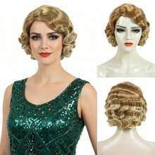 1920er Jahre Retro Flapper Perücke, 20er Jahre kurze wellige lockige Perücke, Weihnachtsparty, braun schwarz & glänzend goldenes synthetisches Haar Perücke, Damen Tagesparty, Halloween, Silvester Kostüm, Anime Cosplay, REEWES - Verschiedenfarbig - Übersicht 16