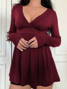 Y2K街头风休闲露脐女式上衣，V领性感修身针织长袖衬衫，酒红色，春季款 - 酒紅色 - 查看 10