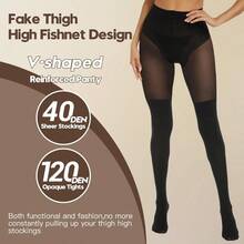 MANZI Black Faux Thigh High Opaque Tights Goth Mock Over Knee Stockings High Waist Warm Fake Sheer Pantyhose For Women - 如圖 - 查看 3