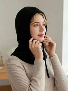 1 pieza Gorro de pasamontaña con cordón y cuello falso de mujer en color negro, capa con capucha tejida para protección del rostro y el cuello para actividades al aire esquí en invierno, regalo de Navidad - doble botón negro - Ver 1