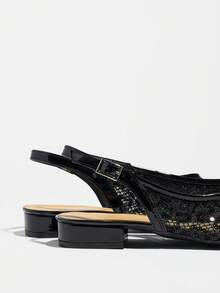 女士时尚网面凉鞋，透气百搭中跟尖头亮片粗跟无后跟绑带优雅包头凉鞋，不累脚 - 黑色 - 查看 9