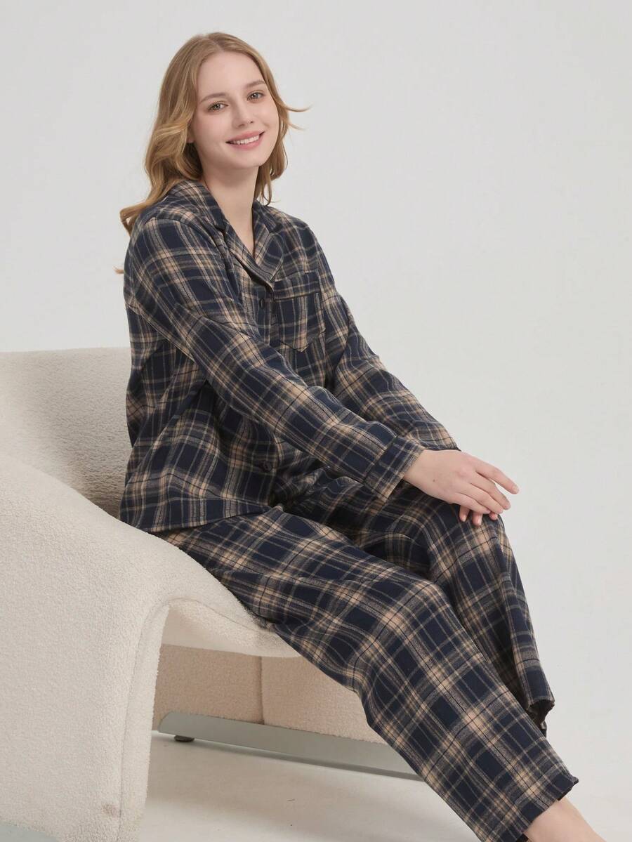 新款时尚休闲加厚冬季女式睡衣套装 - 藏蓝色 - 查看 1