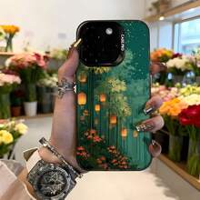 Cubierta de teléfono con diseño de bosque de bambú y farolillos verdes para iPhone estética asiática elegante para uso diario y eventos especiales,Aplicable a los teléfonos de la serie Apple y Galaxy - Negro - Ver 2