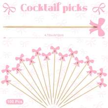 10/50/100pcs Pink Bow Cocktail Picks, 4.72" Long Bamboo Toothpicks With Elegant Bow - Sturdy Smooth Party Appetizer Skewers For Fruit, Desserts, Charcuterie Boards - Decorative Dining Utensils, Easter Valentine's Day Bamboo Sticks - Pink - View 10
